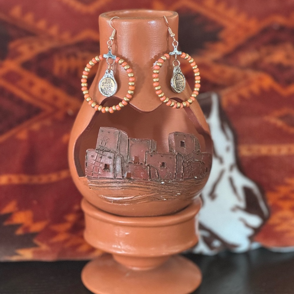 Hand Beaded Hoop Earrings in Coral and Gold - “Be still and know”